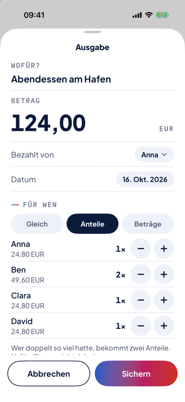 Eine Ausgabe eintragen: Betrag, wer bezahlt hat, für wen.